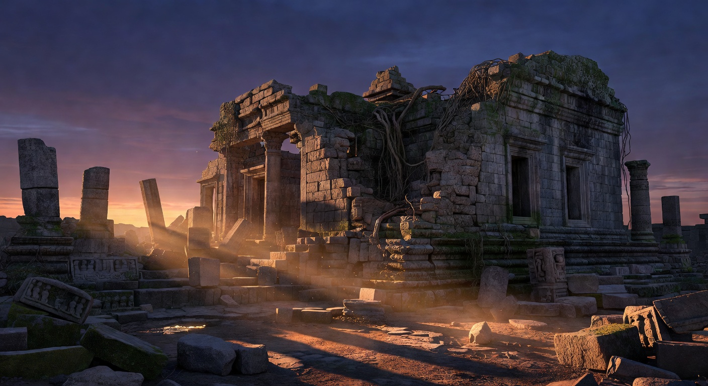 Cinematic mountain temple ruins at dusk with fog