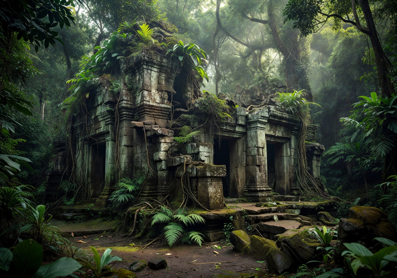 Ancient stone temple ruins overgrown in jungle
