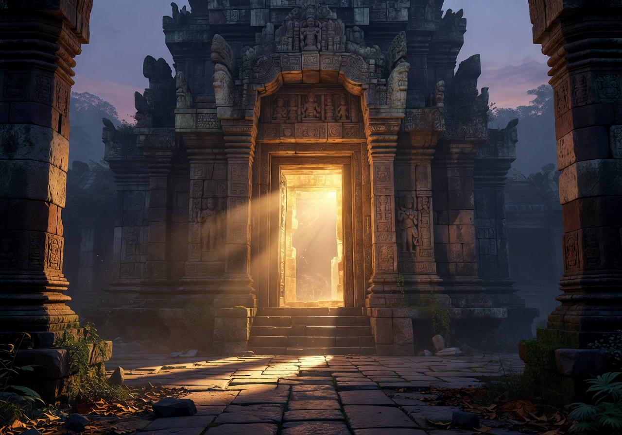 Cinematic ancient temple entrance with golden glow
