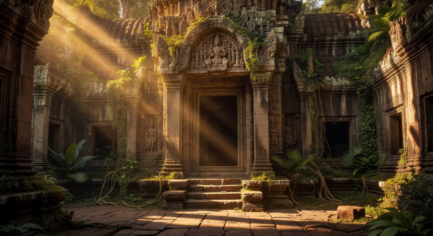 Cinematic ancient temple entrance with golden light