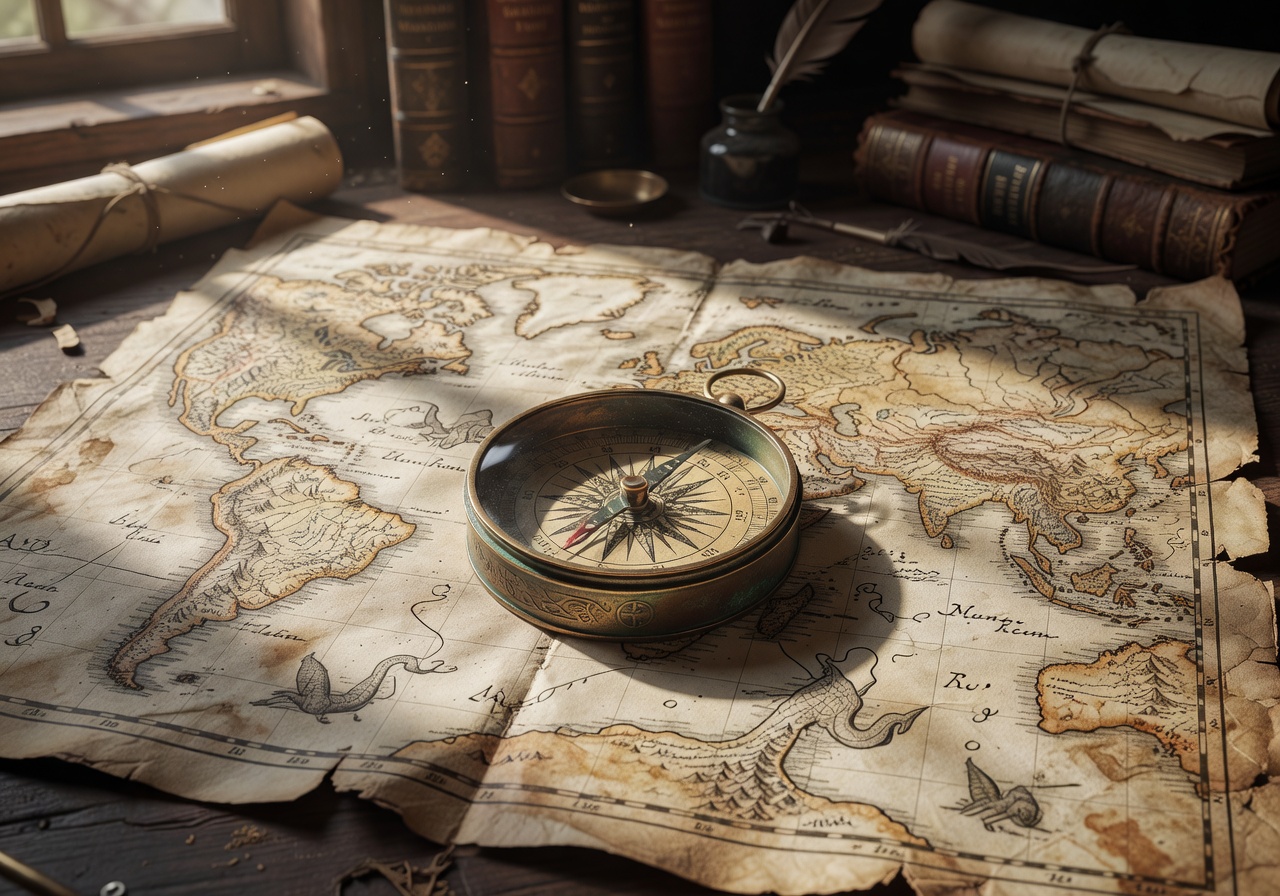 Explorer compass on ancient map