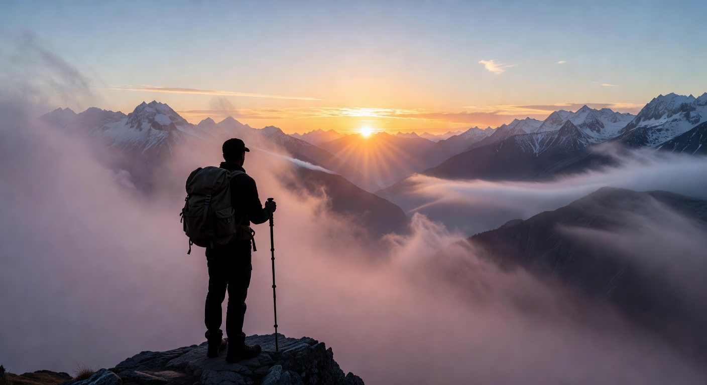 Explorer silhouette overlooking misty mountains at sunrise