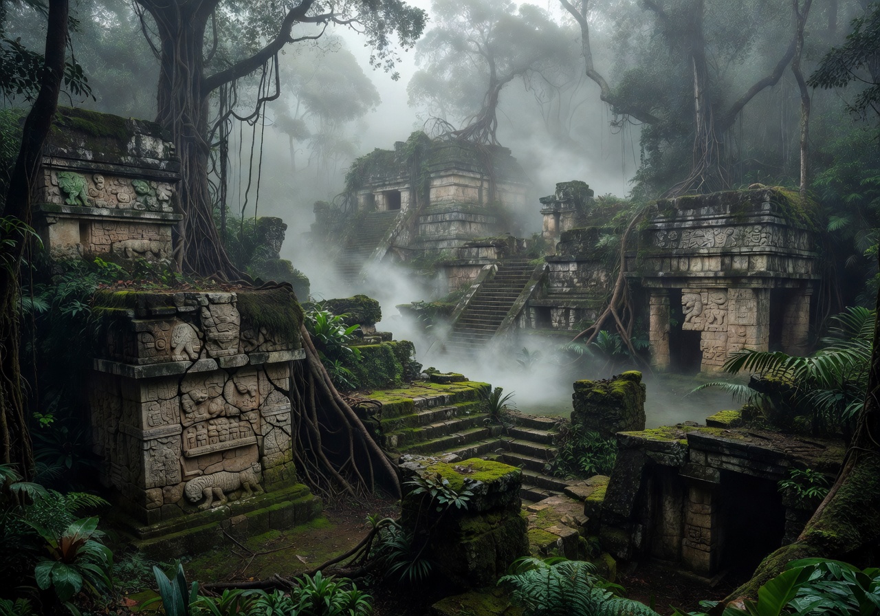 Foggy ancient jungle ruins in mist