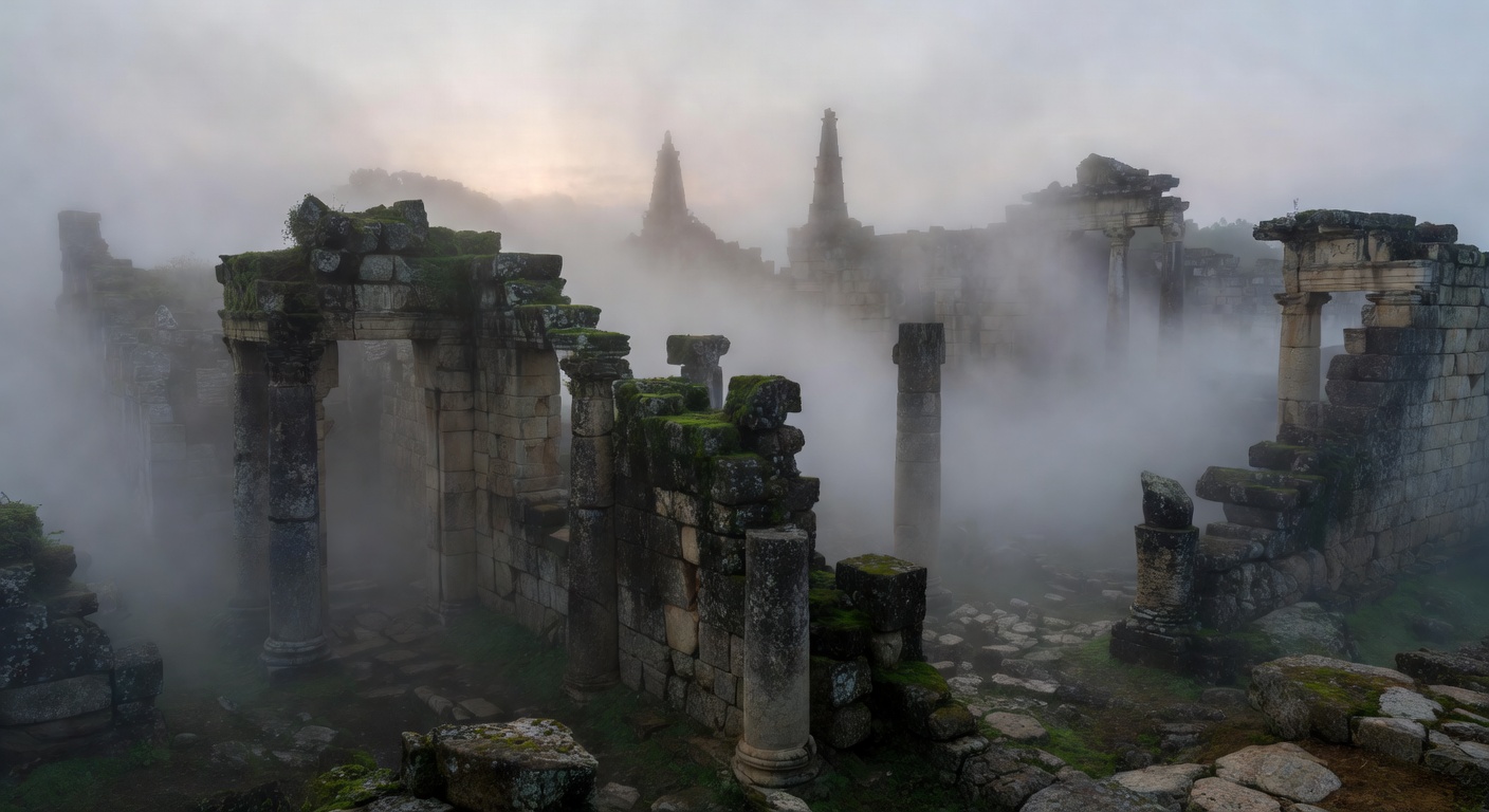 Foggy ancient ruins enveloped in mist