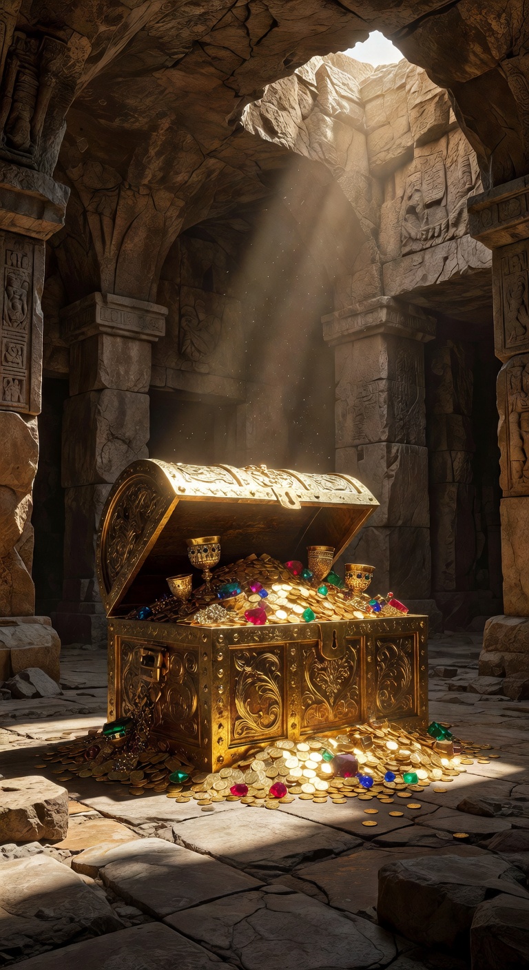 Golden treasure chest inside ancient stone chamber