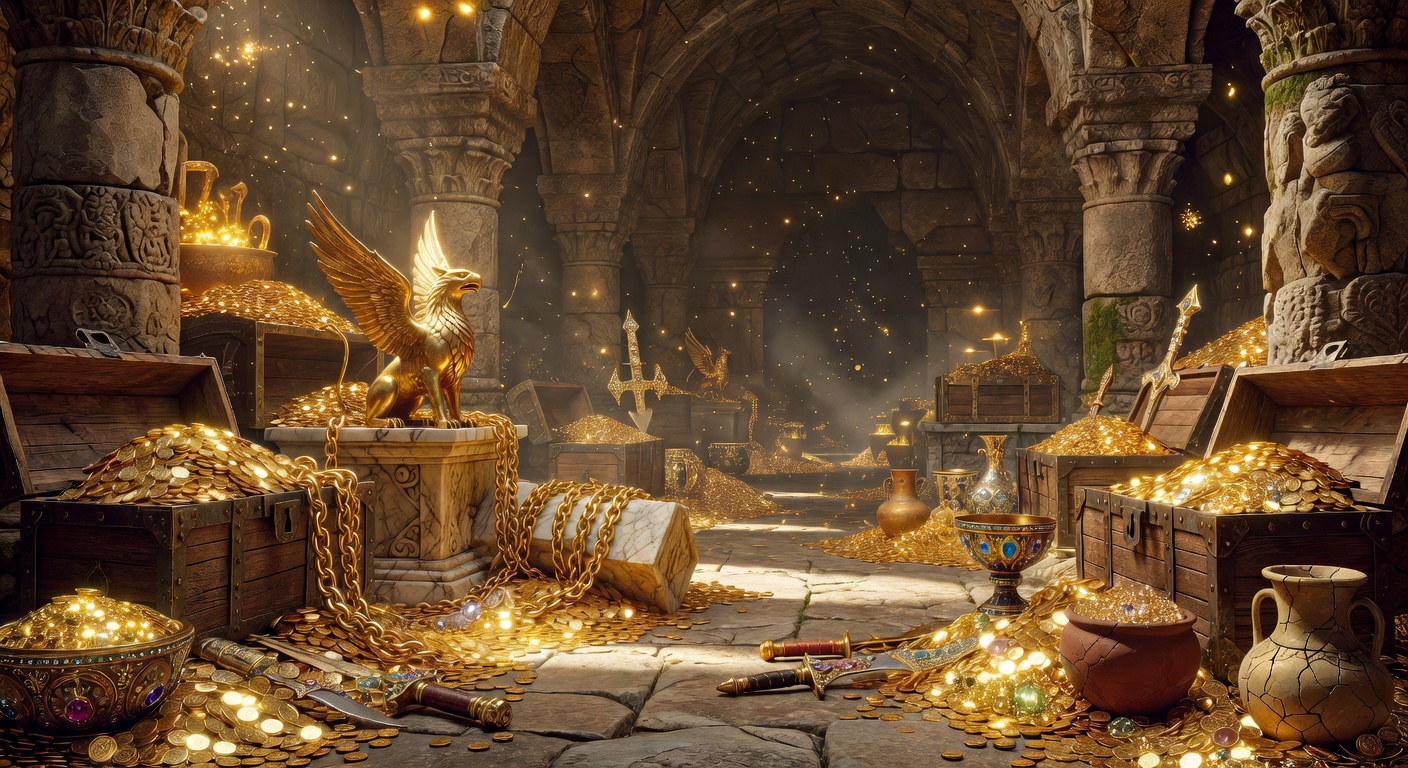 Golden treasure vault interior glowing with relics