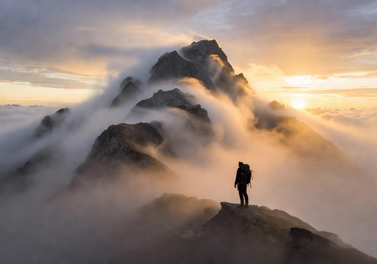 Misty mountain peak with explorer silhouette at sunrise