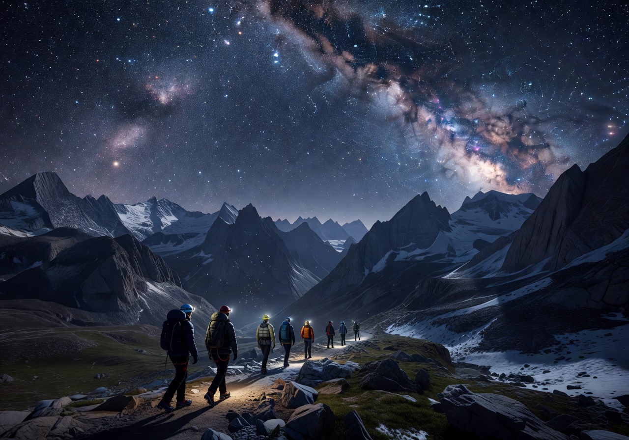 Mountain expedition under starry sky