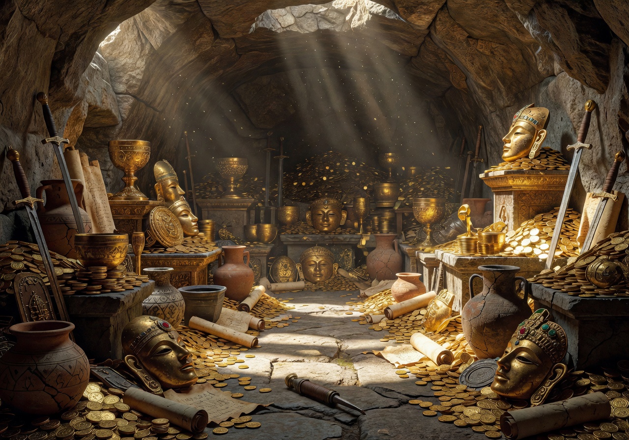 Treasure chamber with golden artifacts and ancient relics